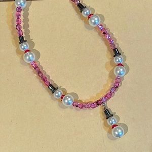 Pink beaded snowman pendant necklace. 21 Inches